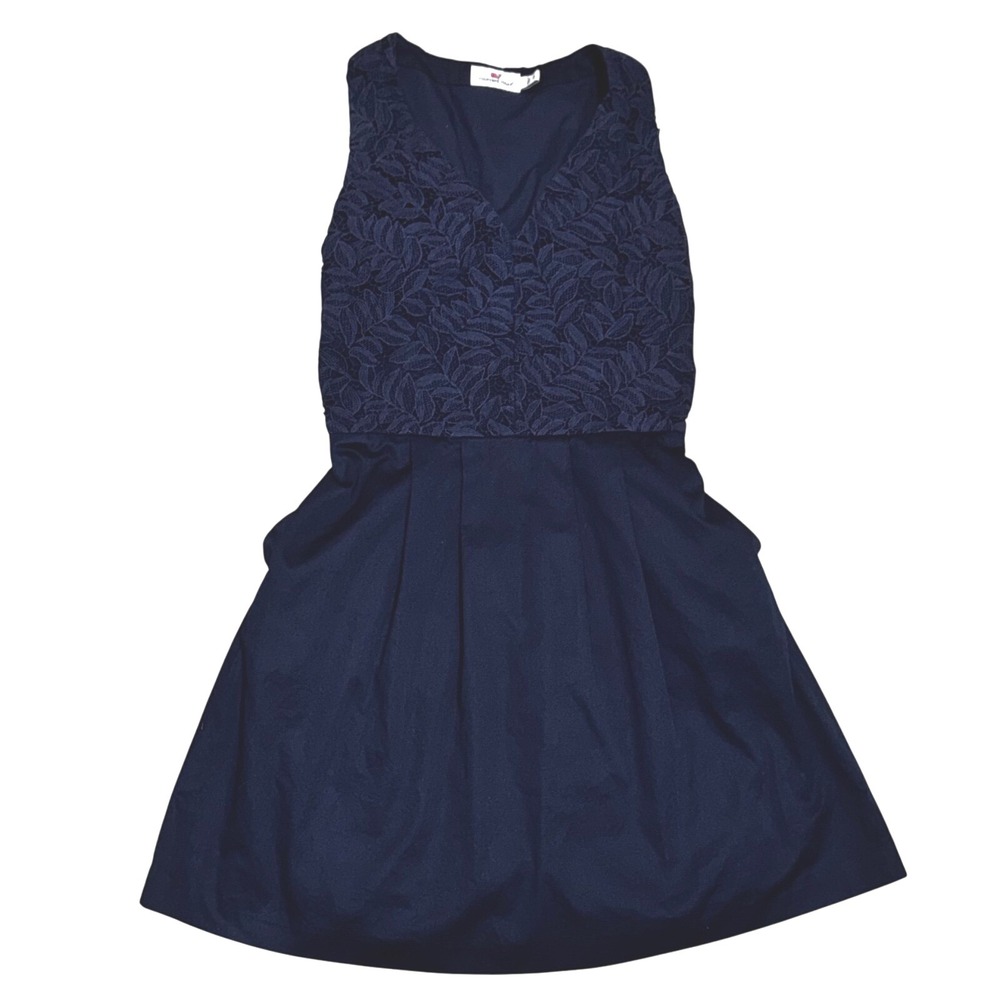Vineyard Vines‎ Navy Blue Lace Top Fit Flare Dress Size 2 Sleeveless Pockets